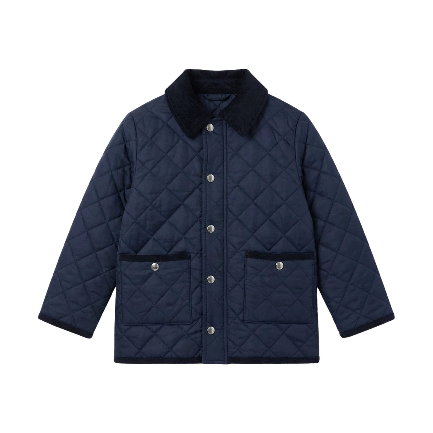 Maison Leopolda Augustin Quilted Jacket in navy with diamond quilting and corduroy collar - front view