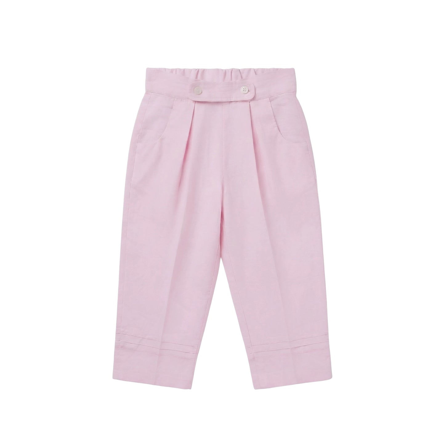 Maison Leopolda Léonie Trousers in pink cotton poplin with mother-of-pearl buttons, knife pleats, and pintuck details - front view