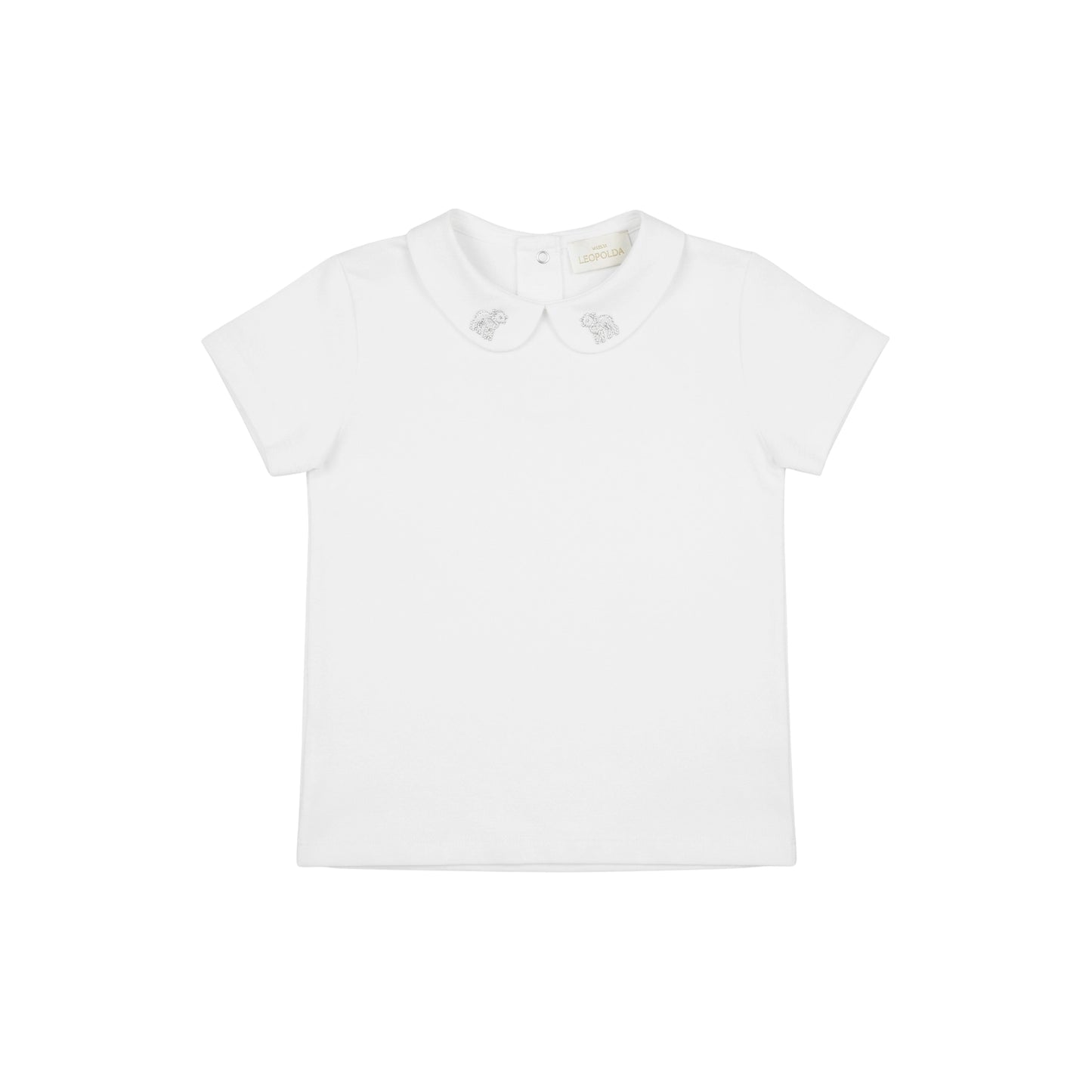 Maison Leopolda Lou T-Shirt in white 100% anti-pilling cotton jersey with Peter Pan collar in white poplin embroidered with silver-and-white lamb motif, short capped sleeves, and Henley-style back tab - front view