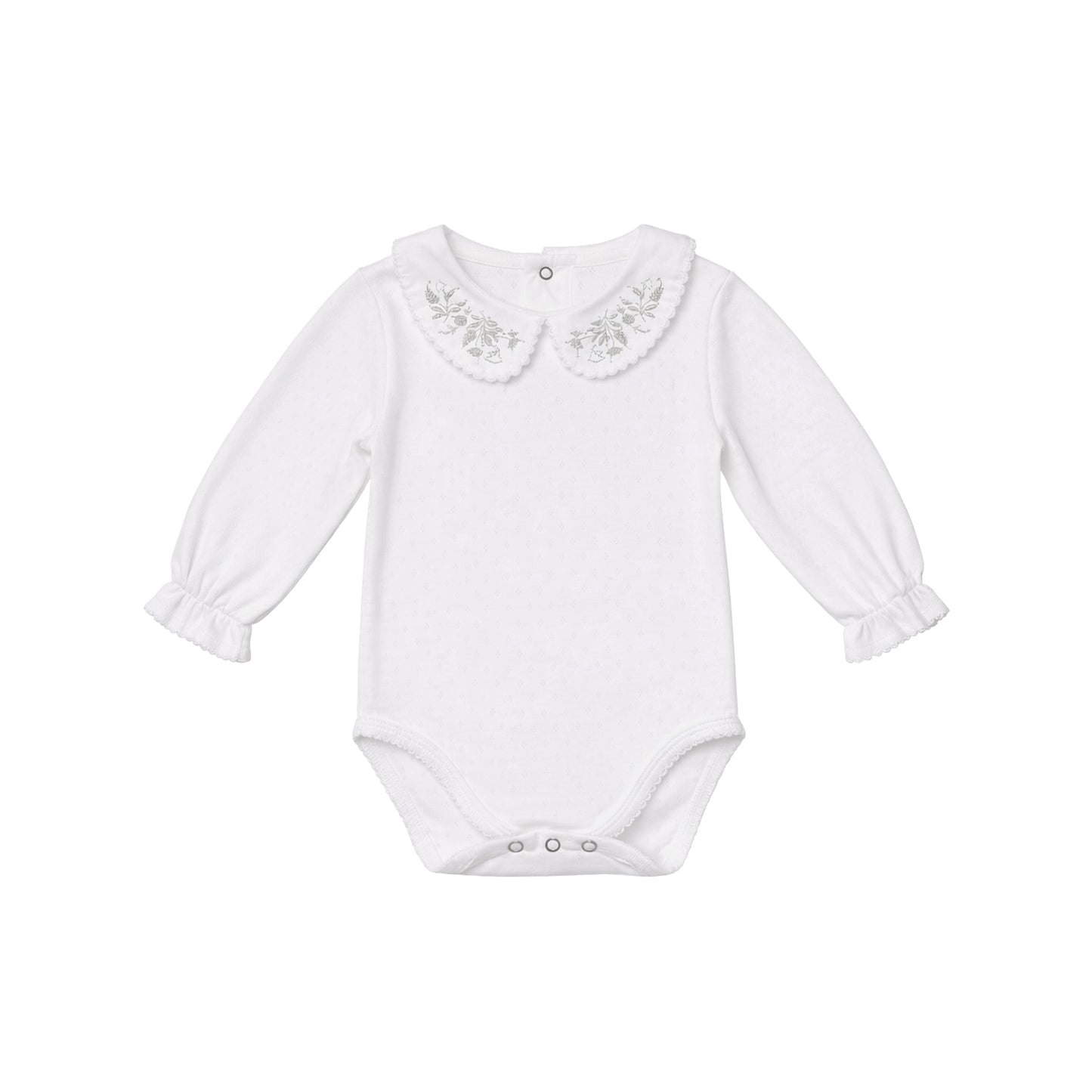 Maison Leopolda Noé baby body in white cotton pointelle with scalloped Peter Pan collar and silver leaf-and-bird embroidery — front view