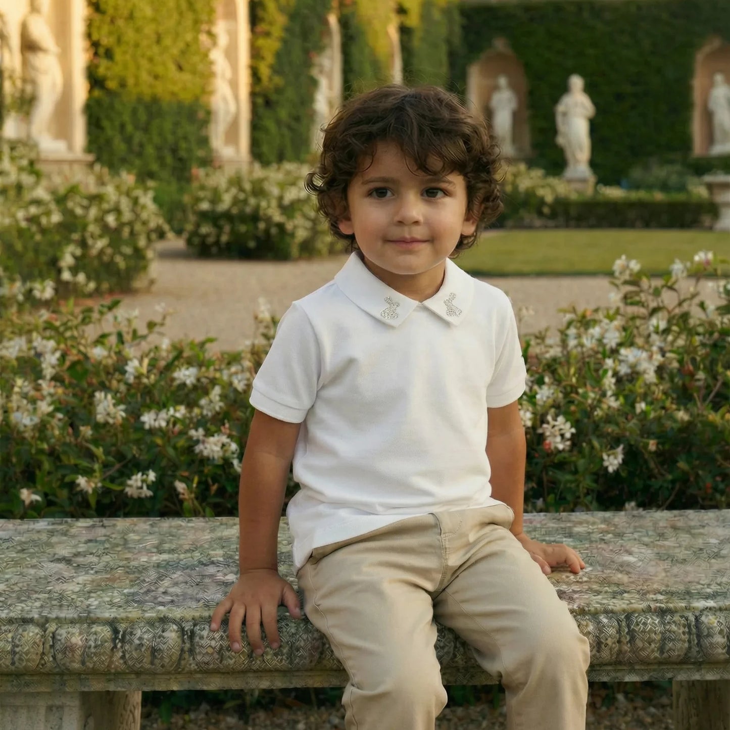Boy wearing Maison Leopolda Leo T-Shirt in white with Eton-style collar sitting on a stone bench in an Italian villa garden with classical statues, manicured hedges, and white flowers