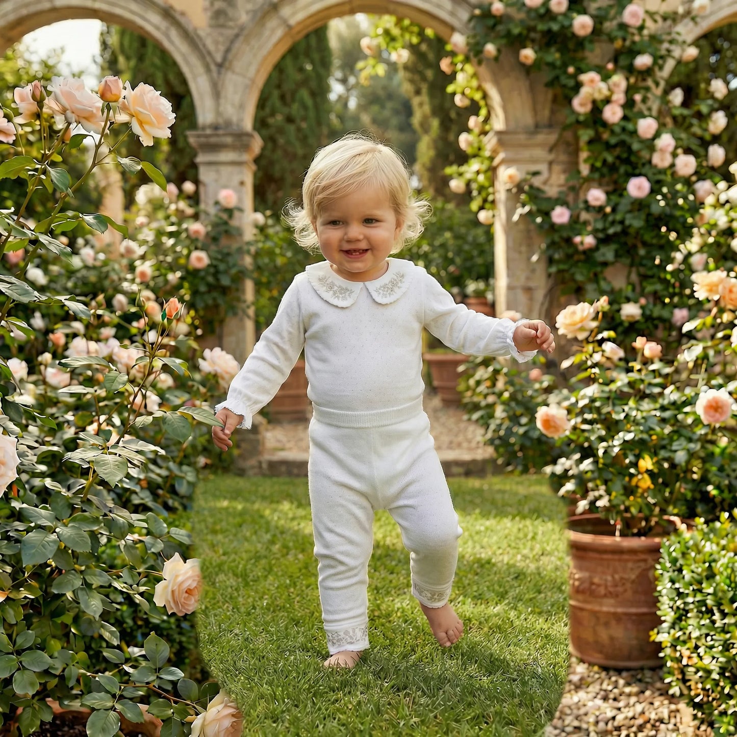 Baby wearing Maison Leopolda Noe Body in white cotton jersey pointelle with Peter Pan collar and Maxime Leggings standing among pink roses in an Italian garden with classical stone arches and terracotta pots