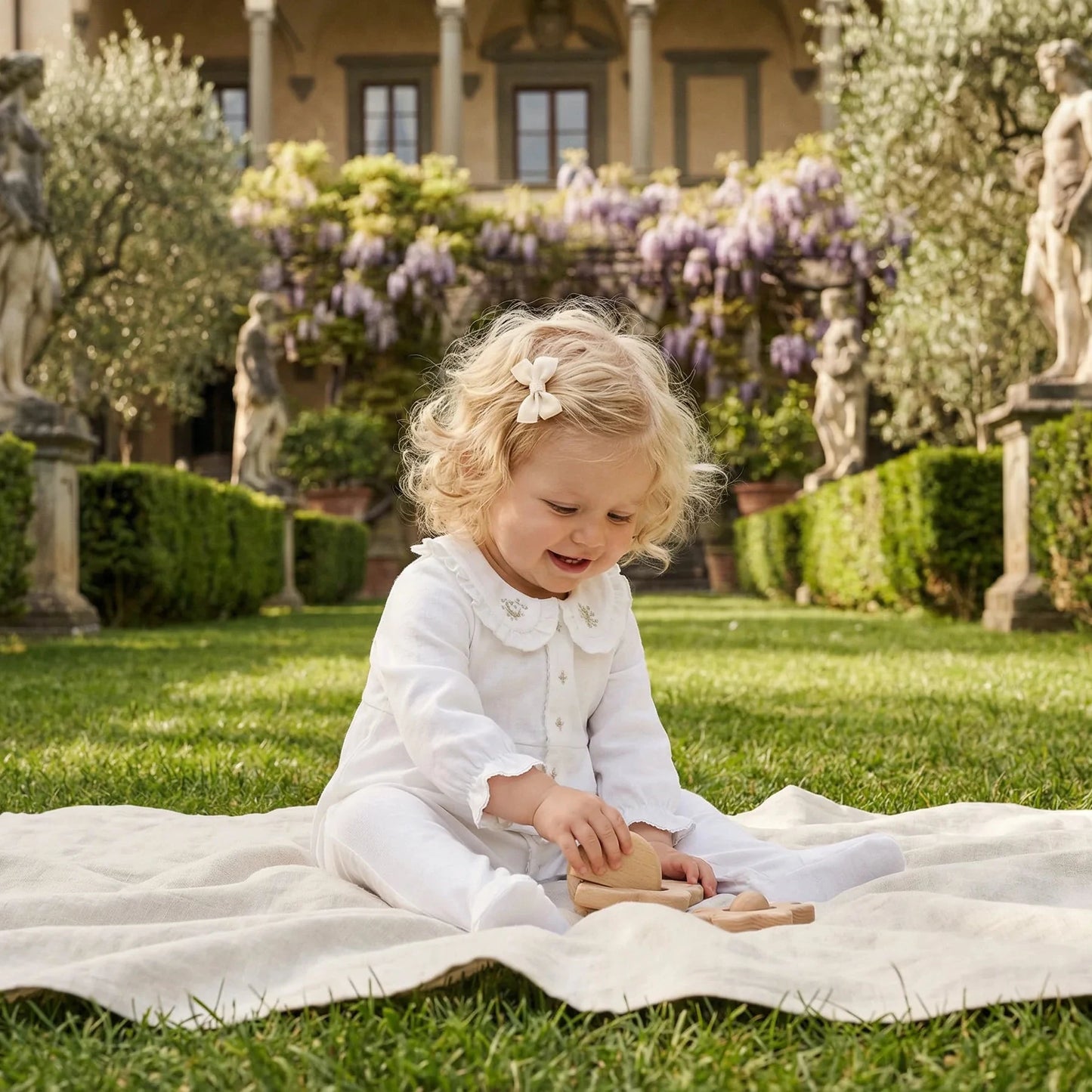 Toddler wearing Maison Leopolda Lune Pyjamas in white with frilled Peter Pan collar sitting on a linen blanket on a manicured lawn playing with wooden toys in front of an Italian villa with blooming wisteria