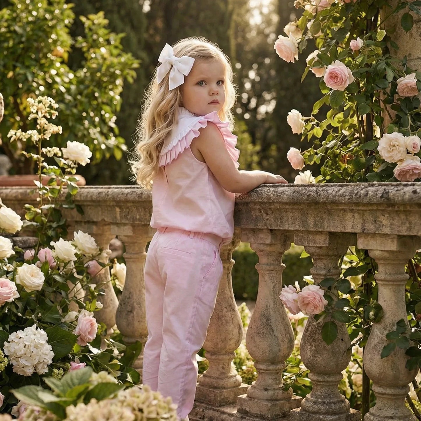 Girl wearing Maison Leopolda Rose Blouse in pink and Léonie Trousers standing by a stone balustrade surrounded by roses in an Italian garden
