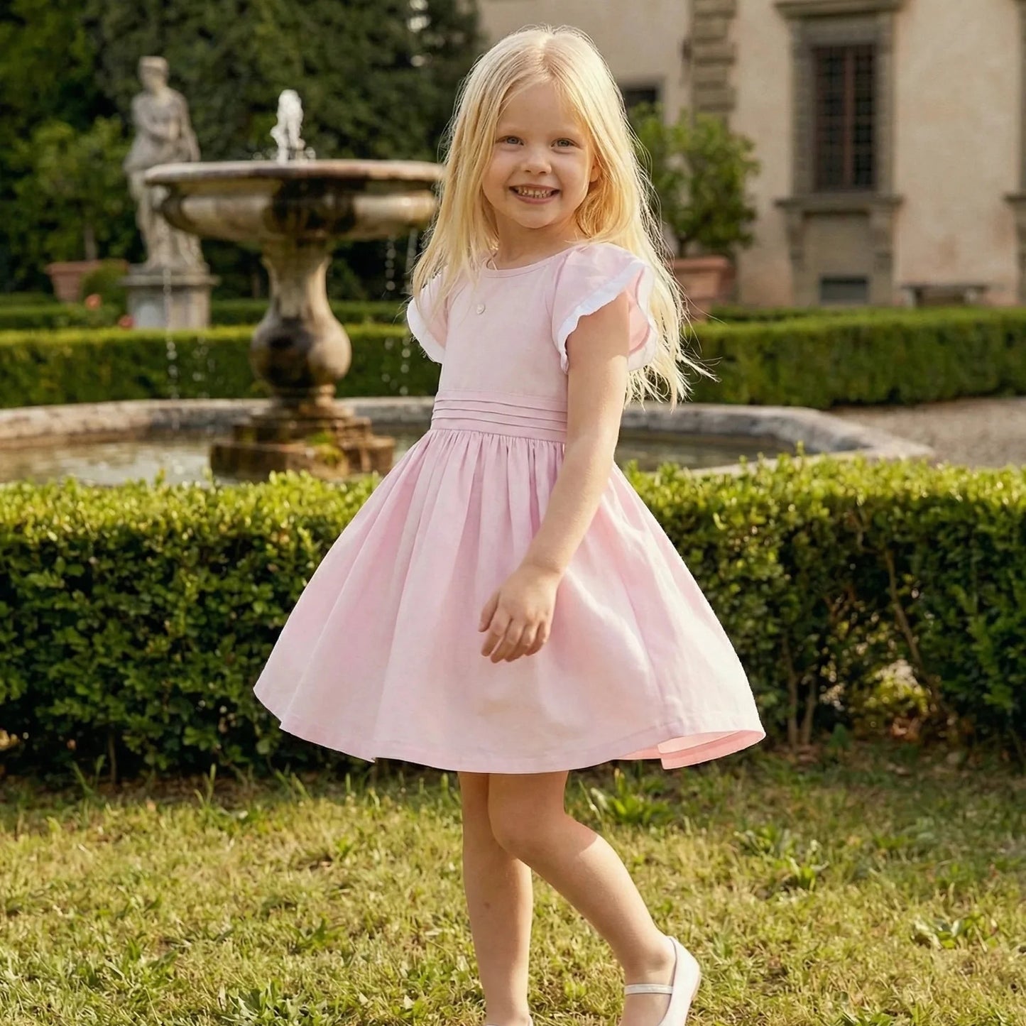 Girl wearing Maison Leopolda Delphine Dress in pink standing by a fountain in an Italian garden