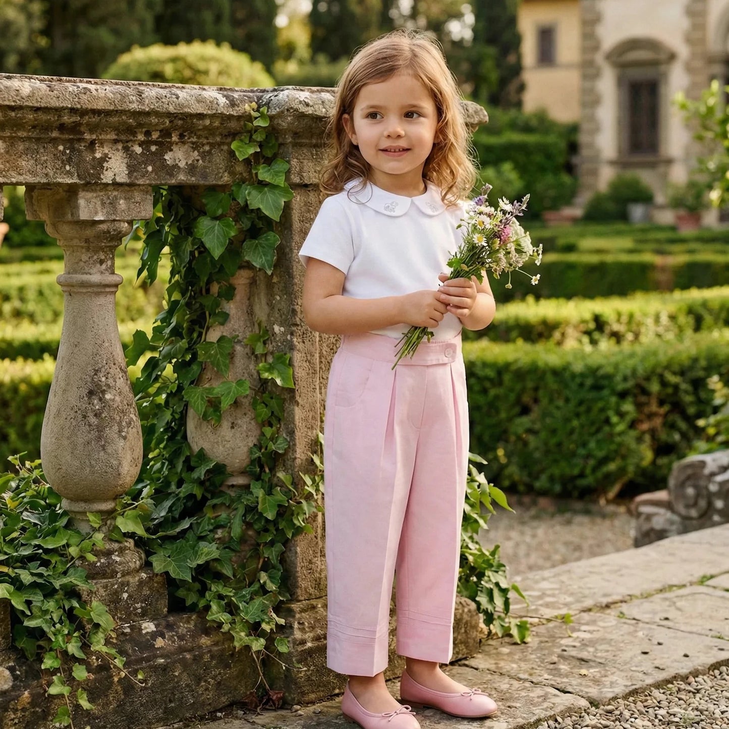 Girl wearing Maison Leopolda Lou T-Shirt in white with Peter Pan collar and Leonie Trousers in pink holding a bouquet of wildflowers in an Italian villa garden with stone balustrade and ivy