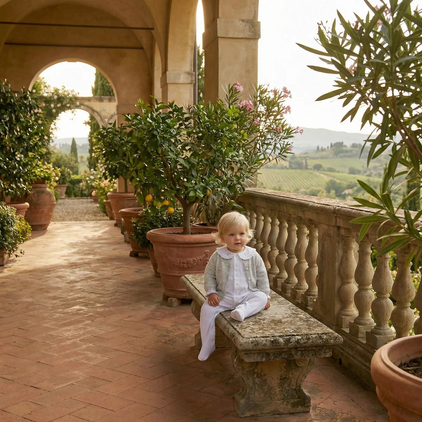 Baby wearing the Cleo cashmere cardigan over the Lune pyjamas on a Tuscan terrace