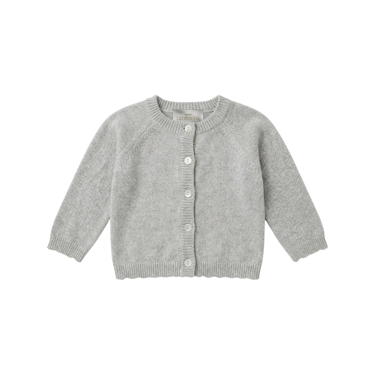 Maison Leopolda Cleo baby cardigan in grey cashmere with diamond lace-knit yoke and scalloped cuffs — front view