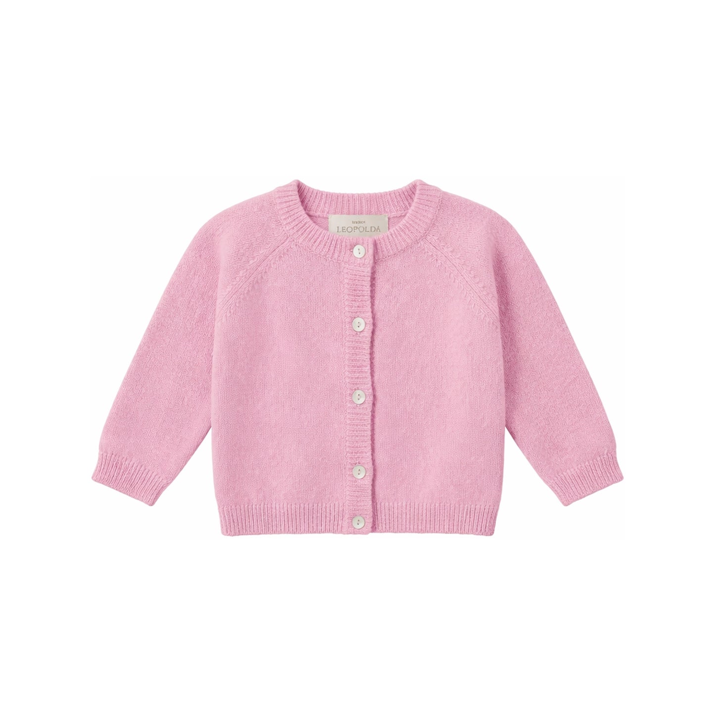 Maison Leopolda Cleo girls' cardigan in pink cashmere with diamond lace-knit yoke and scalloped cuffs — front view