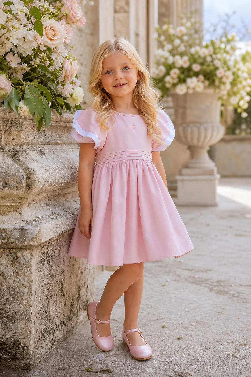 Girl wearing the pink Delphine dress standing on a stone terrace with roses