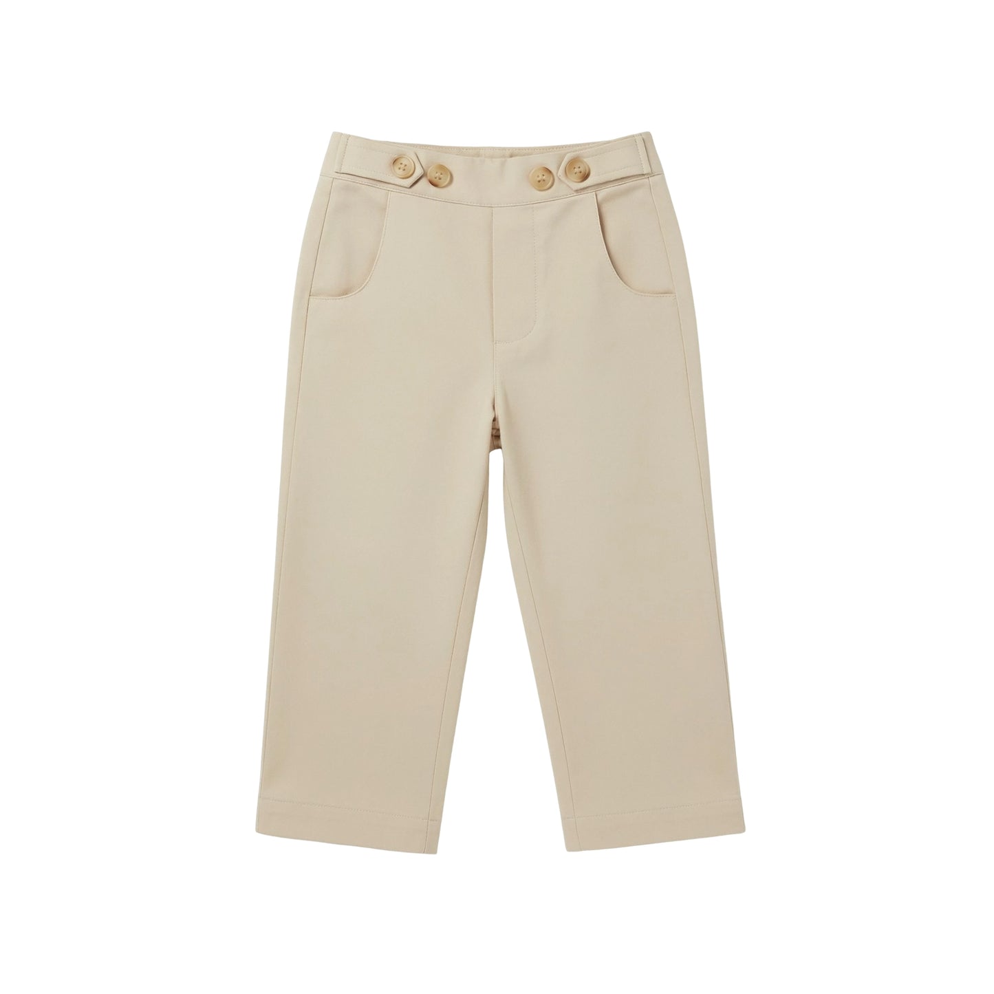 Maison Leopolda Henry Trousers in warm beige cotton-lycra blend with flat front, decorative side strap buttons, and curved hip pockets - front view
