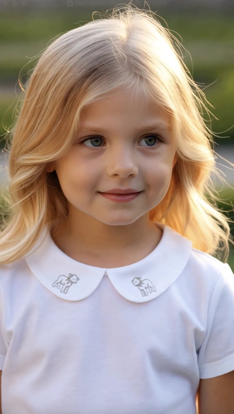 Close-up of the Lou t-shirt's Peter Pan collar with embroidered lambs