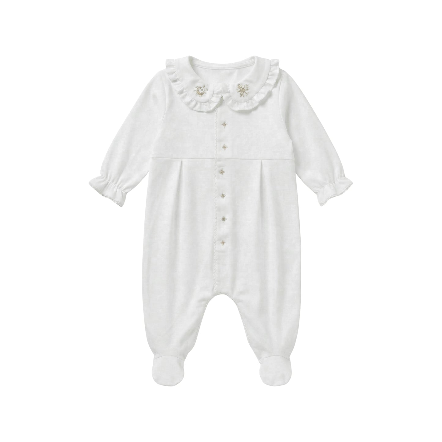 Maison Leopolda Lune Pyjamas full-length footed sleepsuit in white 100% anti-pilling cotton jersey with frilled Peter Pan poplin collar embroidered with silver moon-and-star motif, hidden snap buttons from foot to neckline, inverted box pleats, and embroidered button tab - front view