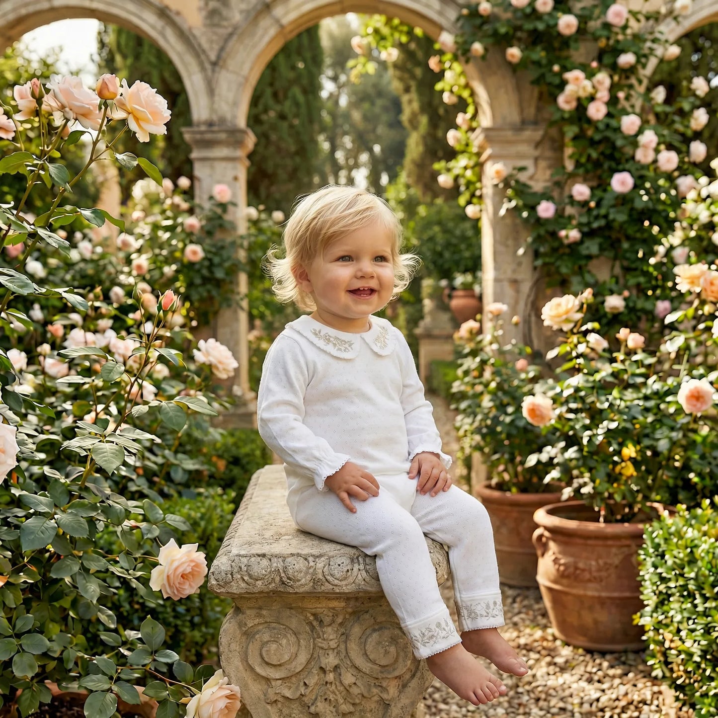 Baby in the white Noé body and Maxime leggings sitting on a stone bench in a rose garden