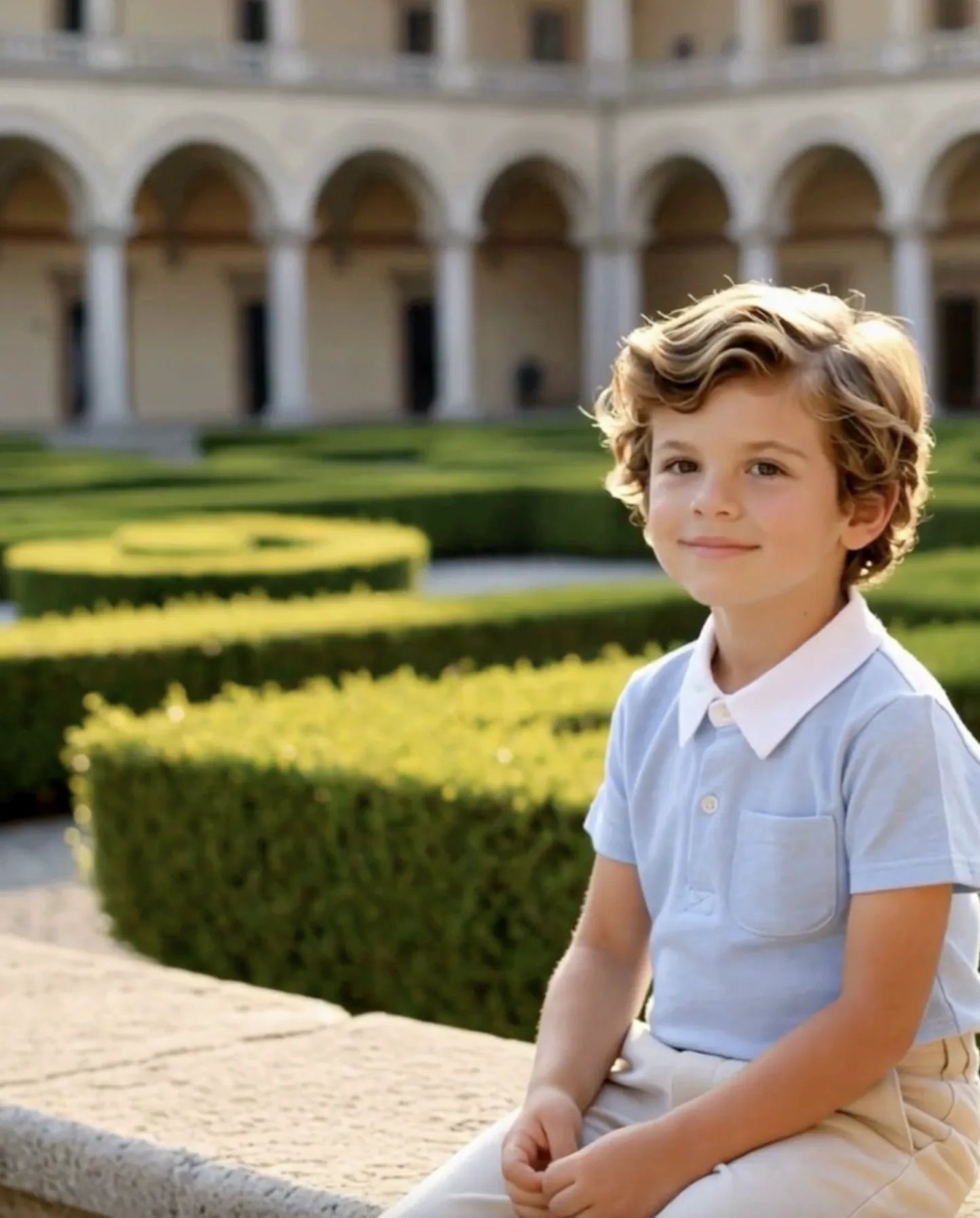 Boy in the light blue Oscar polo shirt seated in a palazzo courtyard