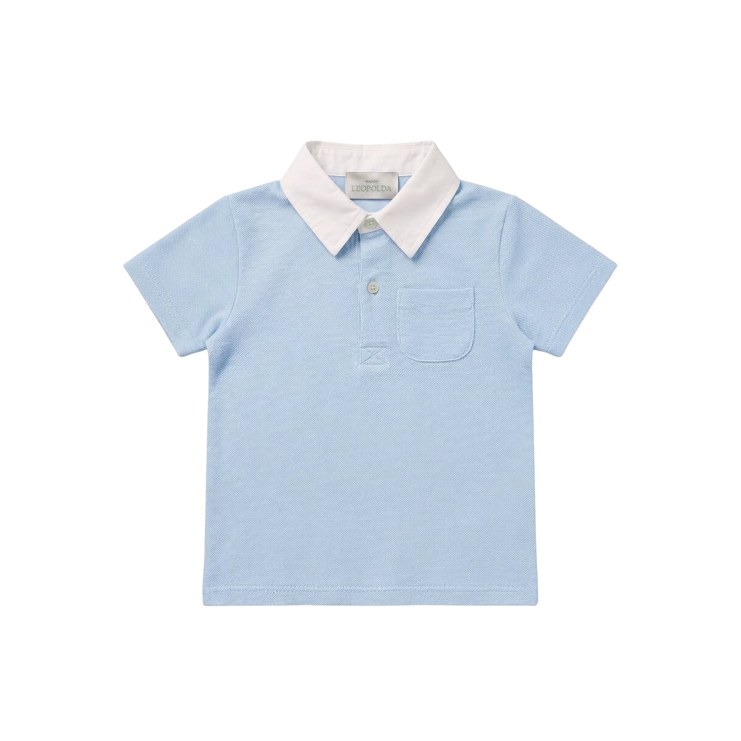 Maison Leopolda Oscar Polo Shirt in light blue cotton pique with white poplin shirt collar, Henley-style button tab, and rounded patch pocket - front view